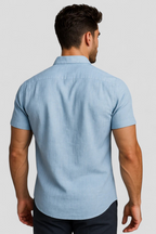 Linen-Cotton Blend Shirt with Short Sleeves and Front Pockets