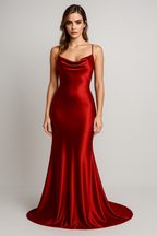 Satin maxi dress with a waterfall neckline and slim straps