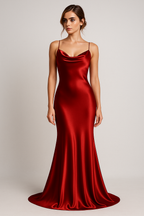 Satin maxi dress with a waterfall neckline and slim straps