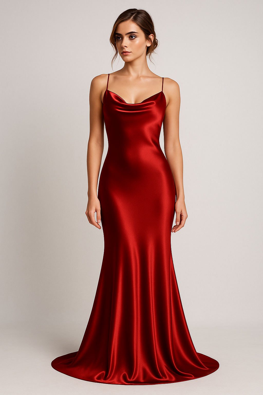 Satin maxi dress with a waterfall neckline and slim straps