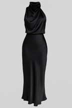 Vestido midi de satén drapeado con cuello alto