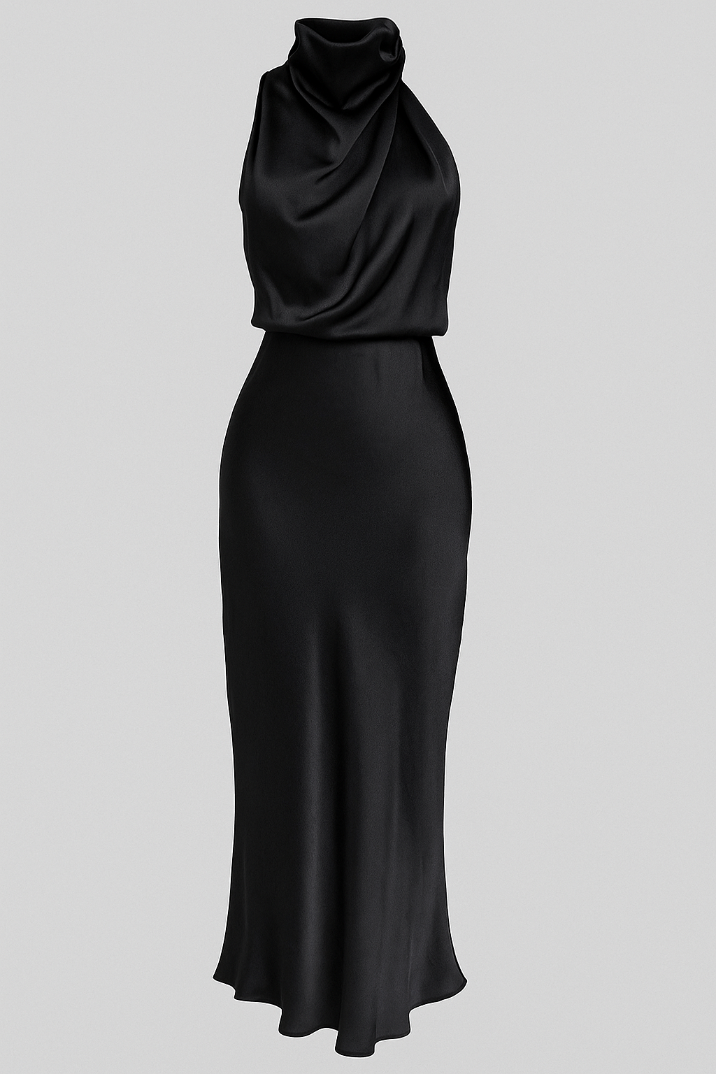 Vestido midi de satén drapeado con cuello alto
