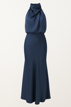 Vestido midi de satén drapeado con cuello alto