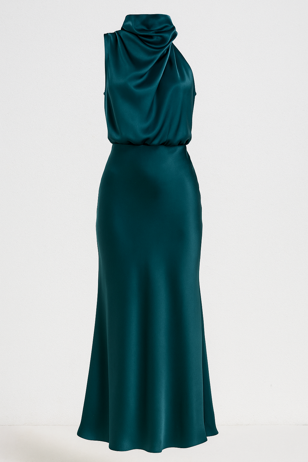 Vestido midi de satén drapeado con cuello alto