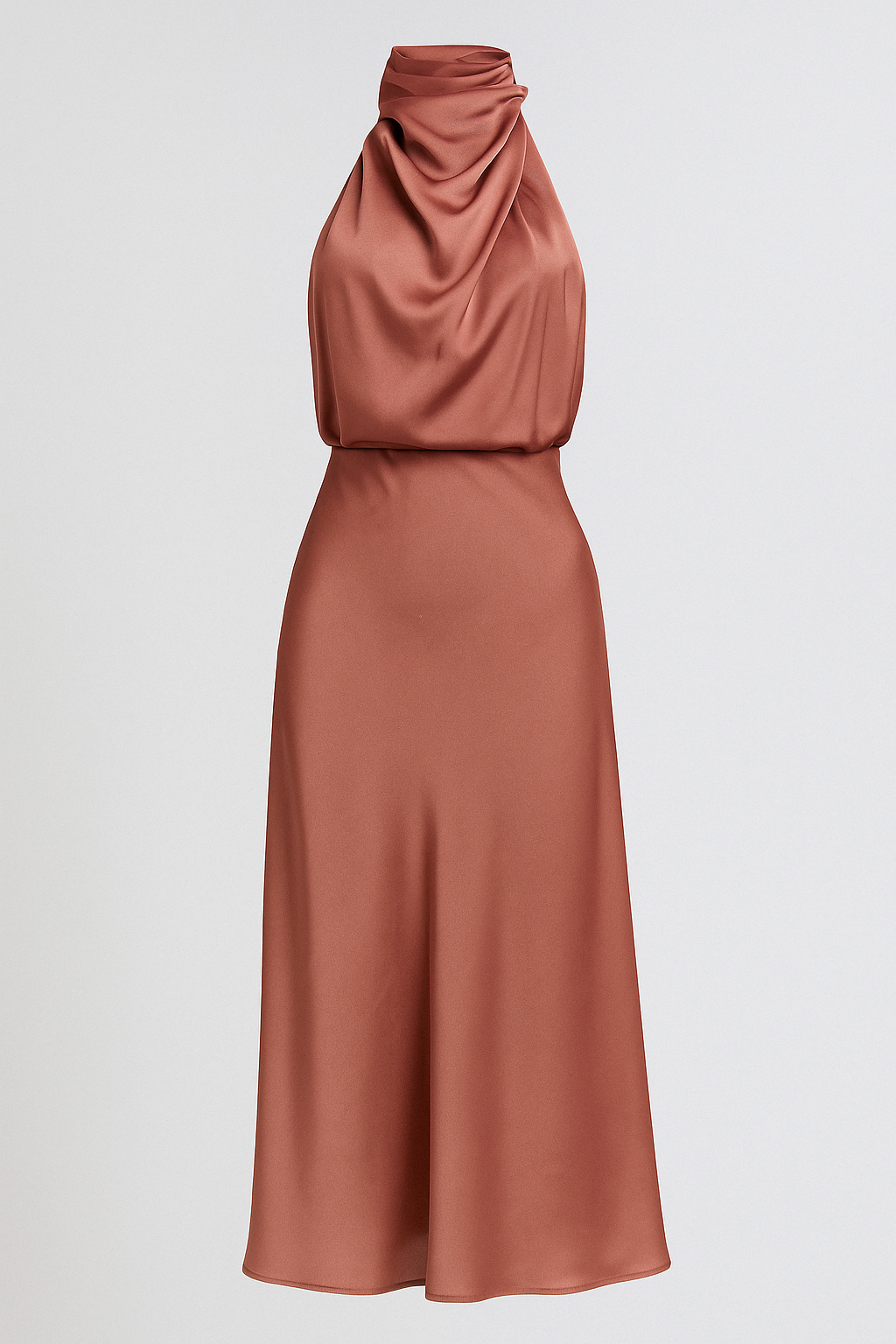 Vestido midi de satén drapeado con cuello alto