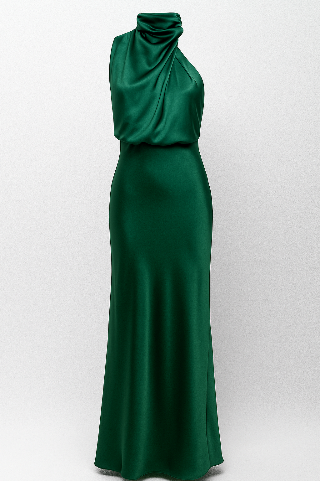 Vestido midi de satén drapeado con cuello alto