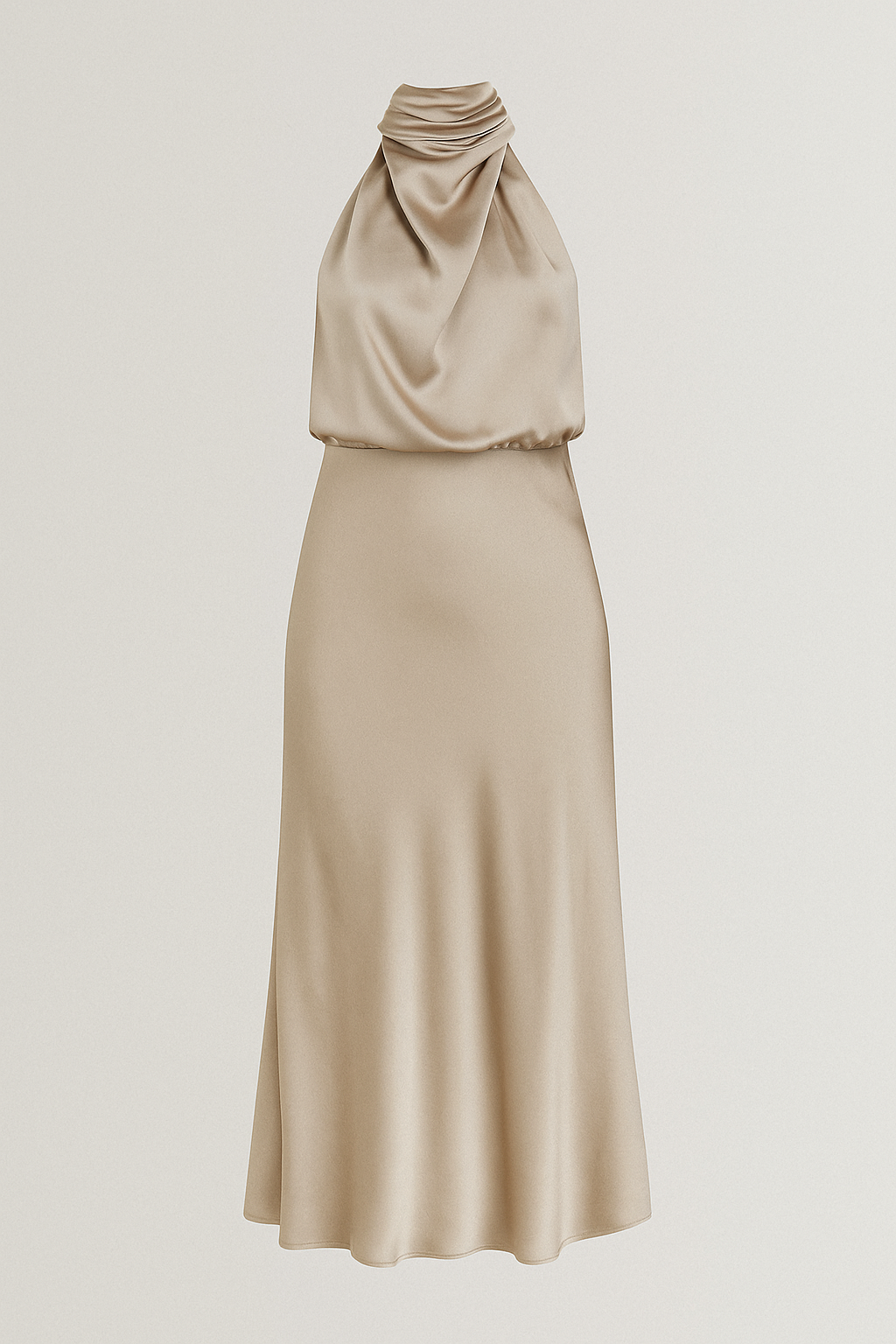 Vestido midi de satén drapeado con cuello alto