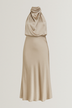 Vestido midi de satén drapeado con cuello alto