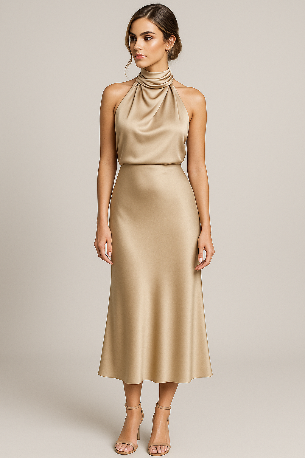 Vestido midi de satén drapeado con cuello alto