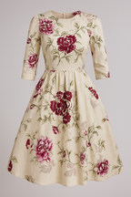 Floral Print Midi Dress with 3/4 Sleeves and Side Pockets