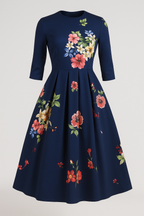 Floral Print Midi Dress with 3/4 Sleeves and Side Pockets