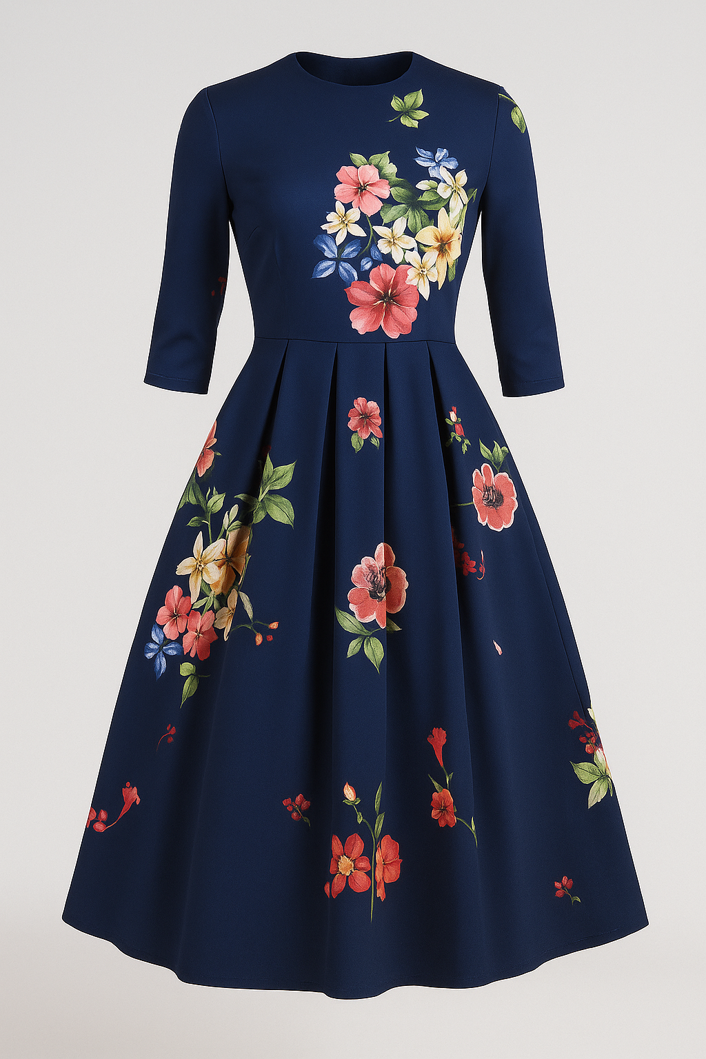 Floral Print Midi Dress with 3/4 Sleeves and Side Pockets