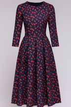 Floral Print Midi Dress with 3/4 Sleeves and Side Pockets