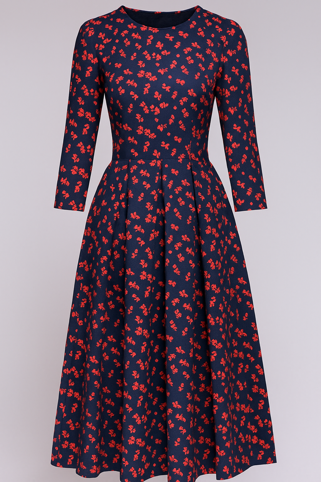 Floral Print Midi Dress with 3/4 Sleeves and Side Pockets