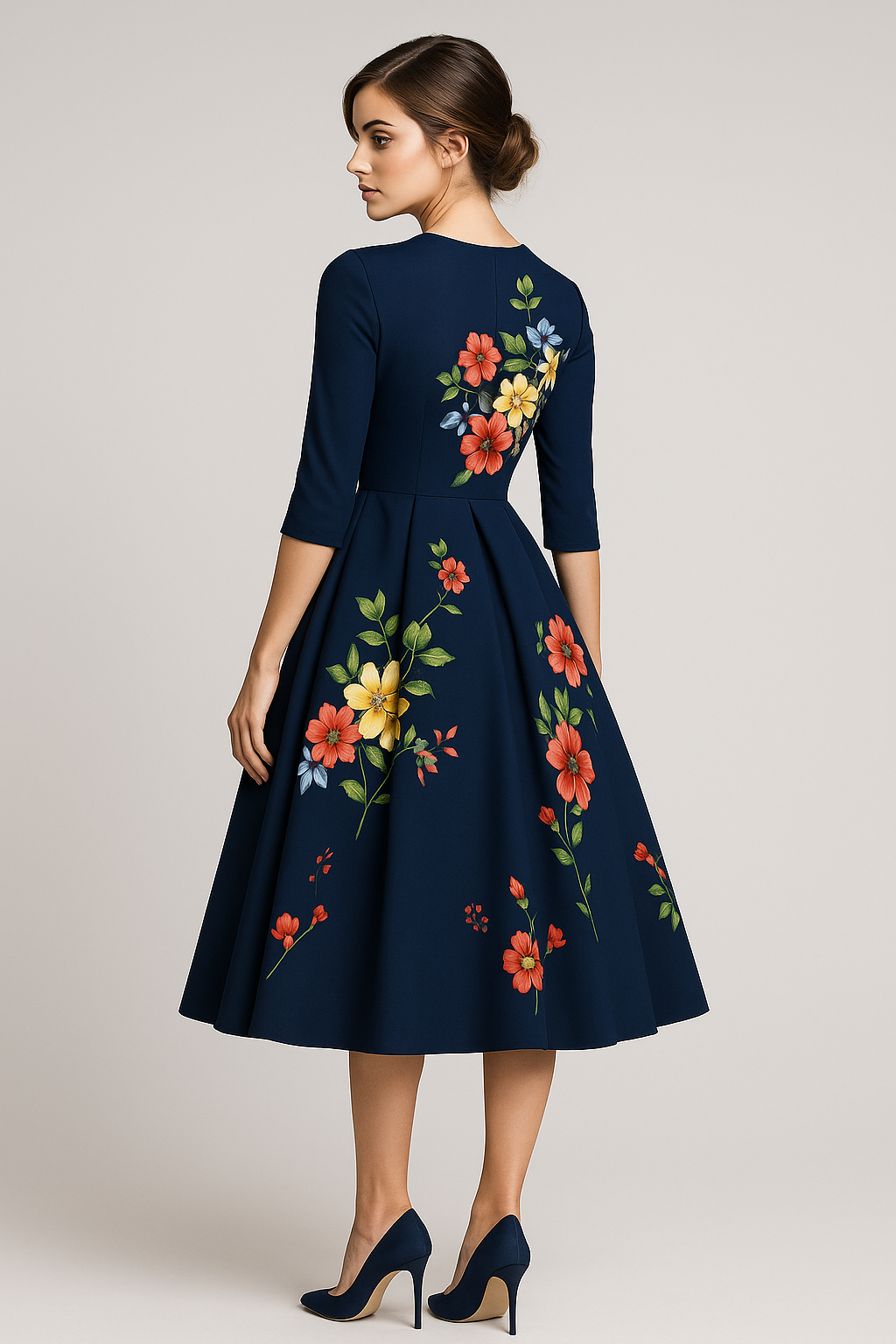 Floral Print Midi Dress with 3/4 Sleeves and Side Pockets