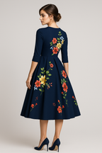 Floral Print Midi Dress with 3/4 Sleeves and Side Pockets