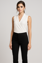 Sleeveless V-Neck Blouse with a Stand Collar Detail