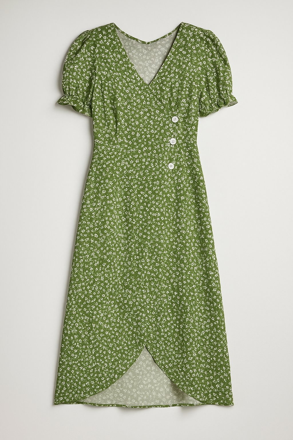 Vestido midi floral con cuello de pico y detalle de botones laterales