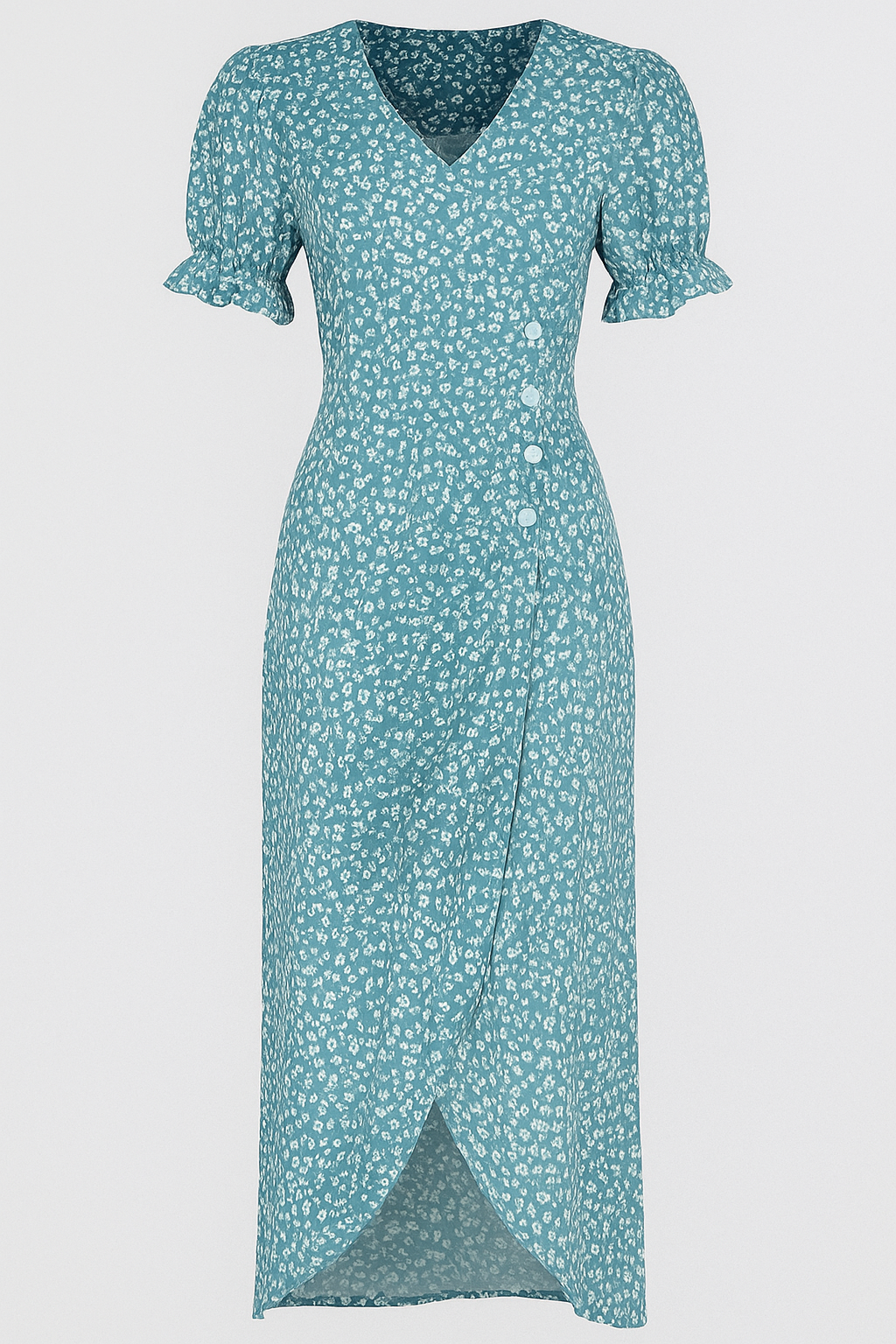 Vestido midi floral con cuello de pico y detalle de botones laterales
