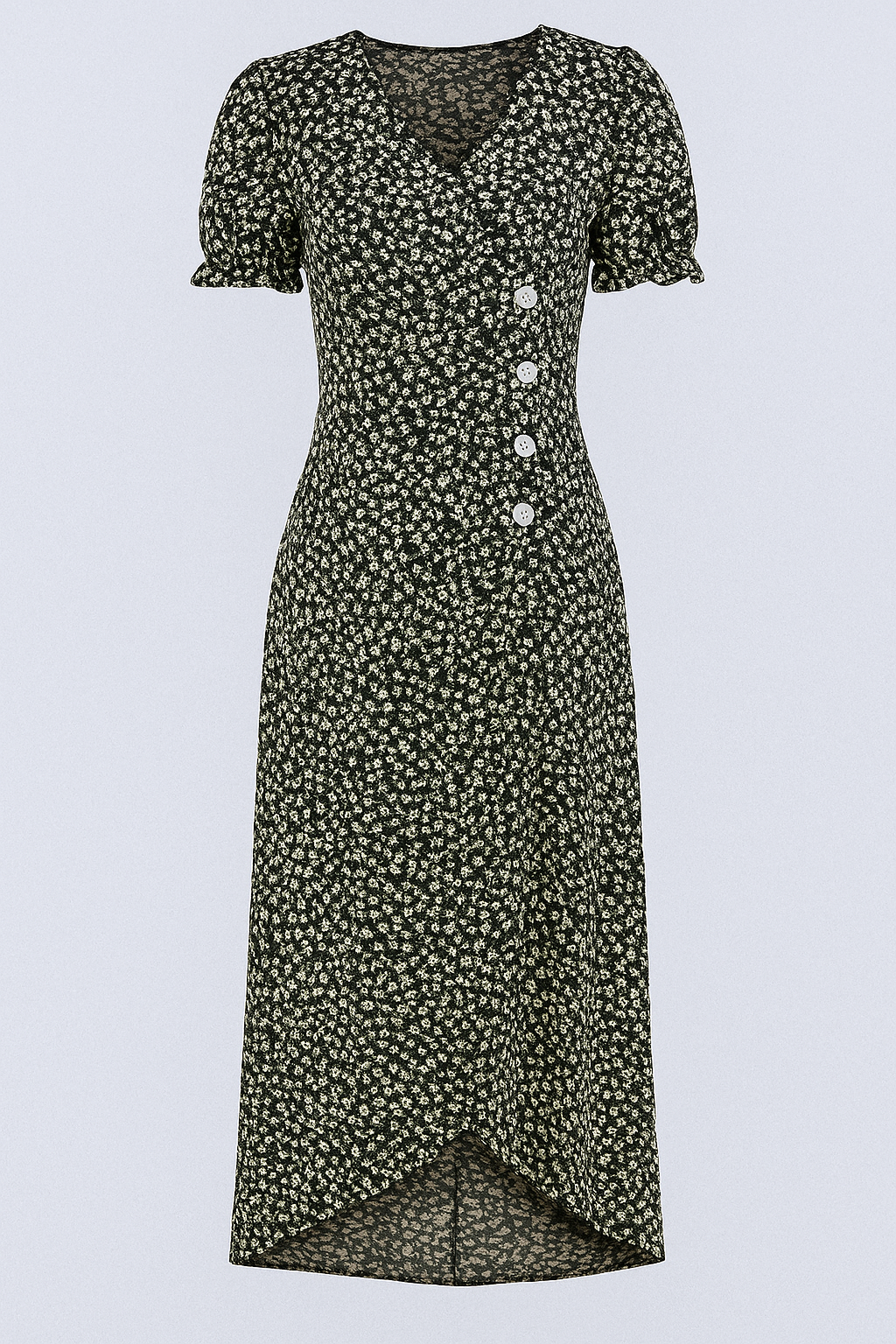 Vestido midi floral con cuello de pico y detalle de botones laterales