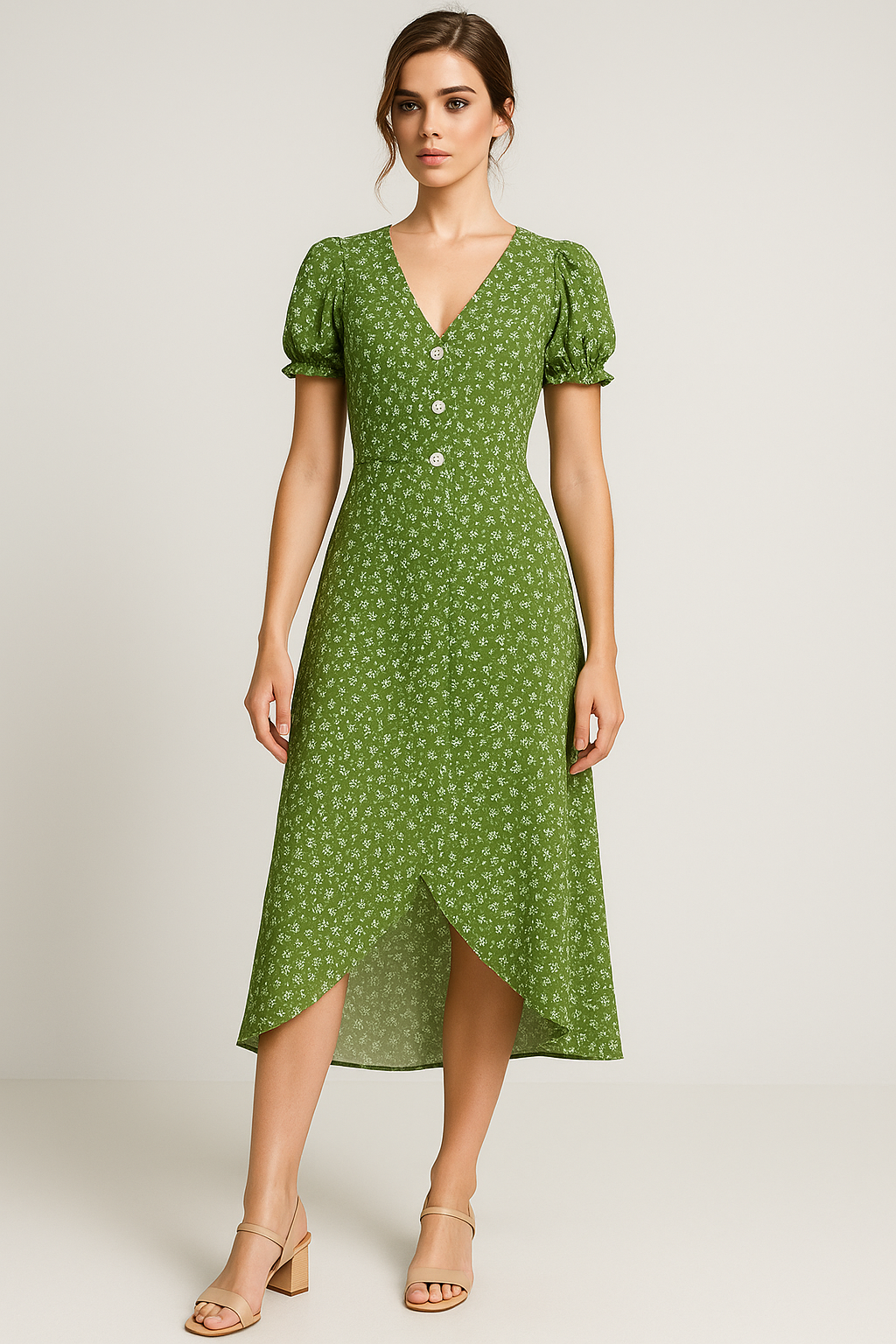Vestido midi floral con cuello de pico y detalle de botones laterales