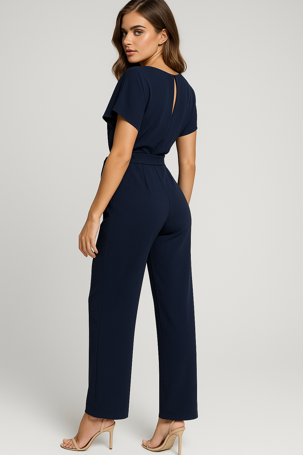 Wide-Leg Jumpsuit with Waist Belt and Draped Sleeves