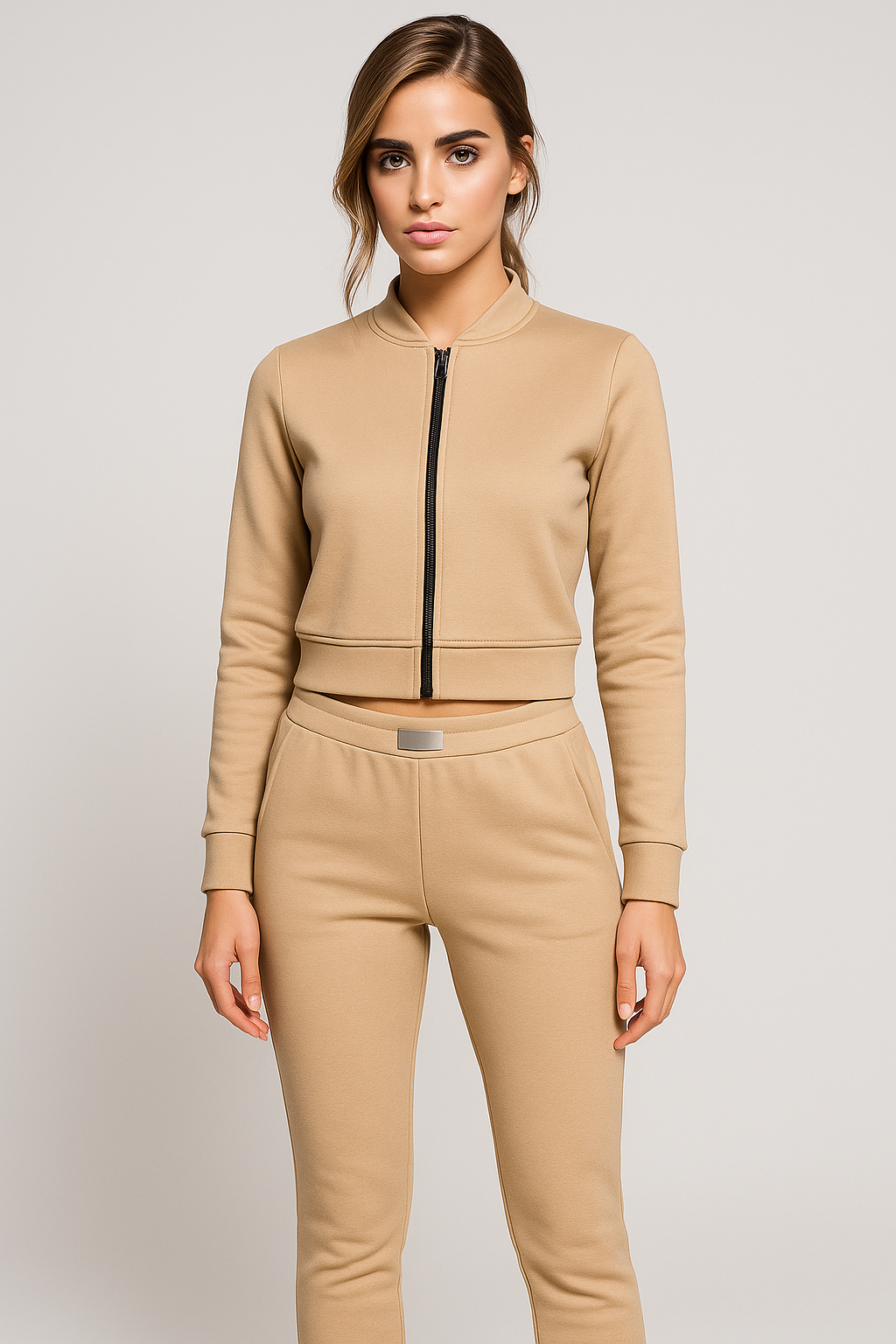 Zip-Up Tracksuit Set with Ribbed Cuffs and Joggers