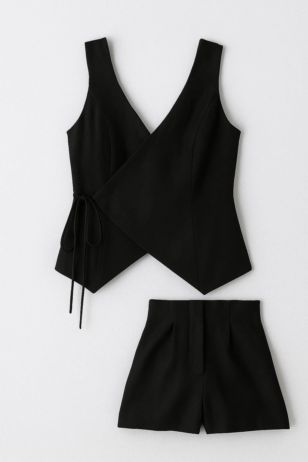 Ärmlös omlottjumpsuit med knytbälte och shorts