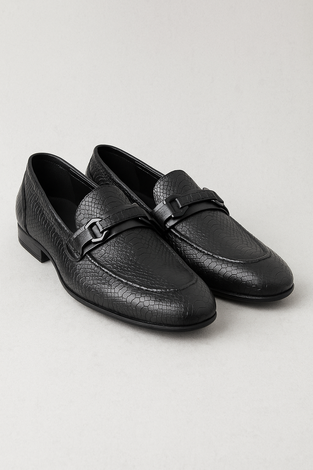 Faux Leather Loafers with Snake-Embossed Pattern and Strap