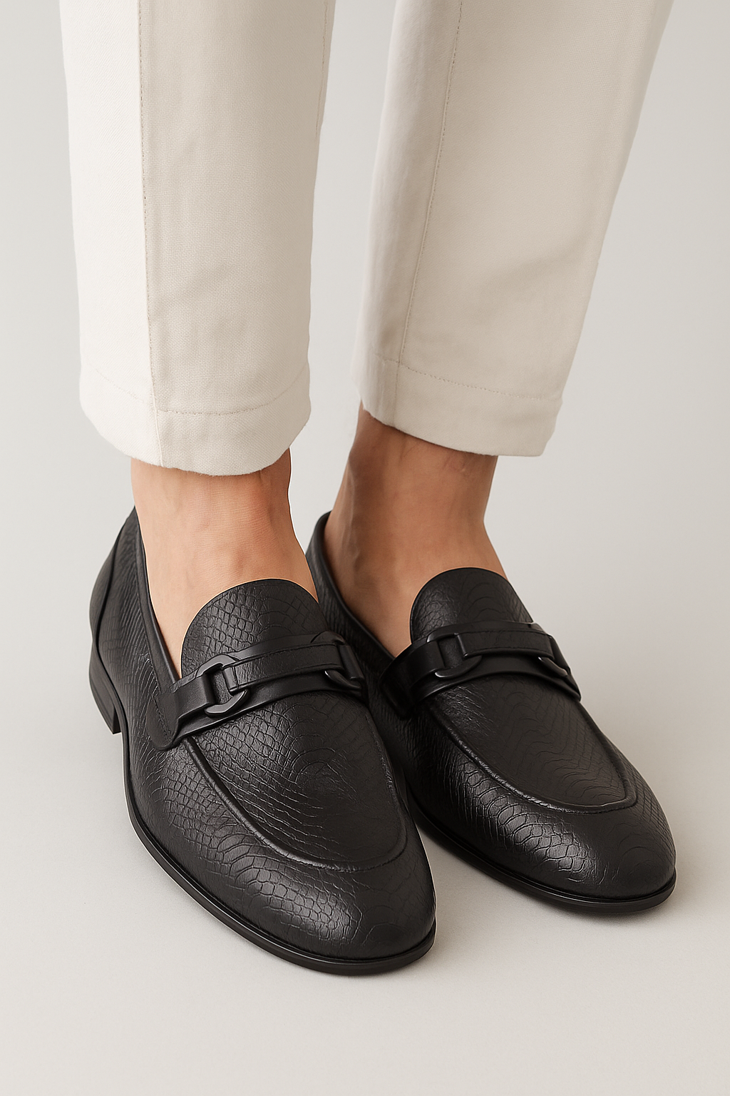 Faux Leather Loafers with Snake-Embossed Pattern and Strap