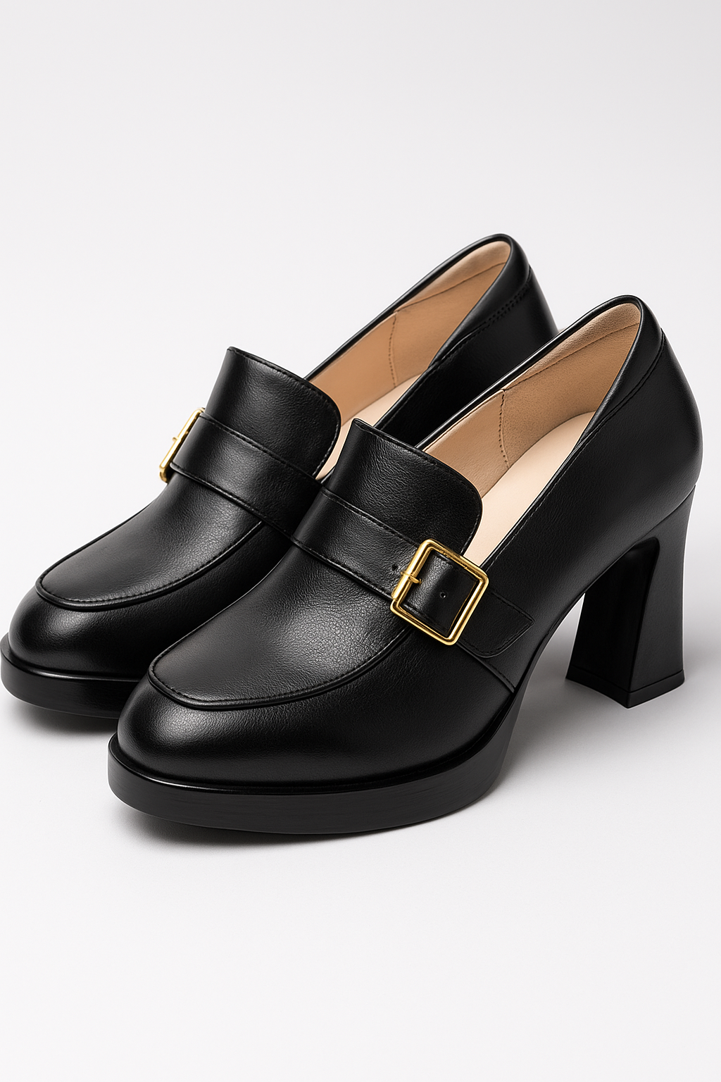 Block Heel Pumps with an Elegant Buckle Detail for Evening
