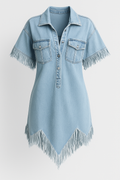 Denim Shirt Dress with Fringe Trim and Chest Pockets