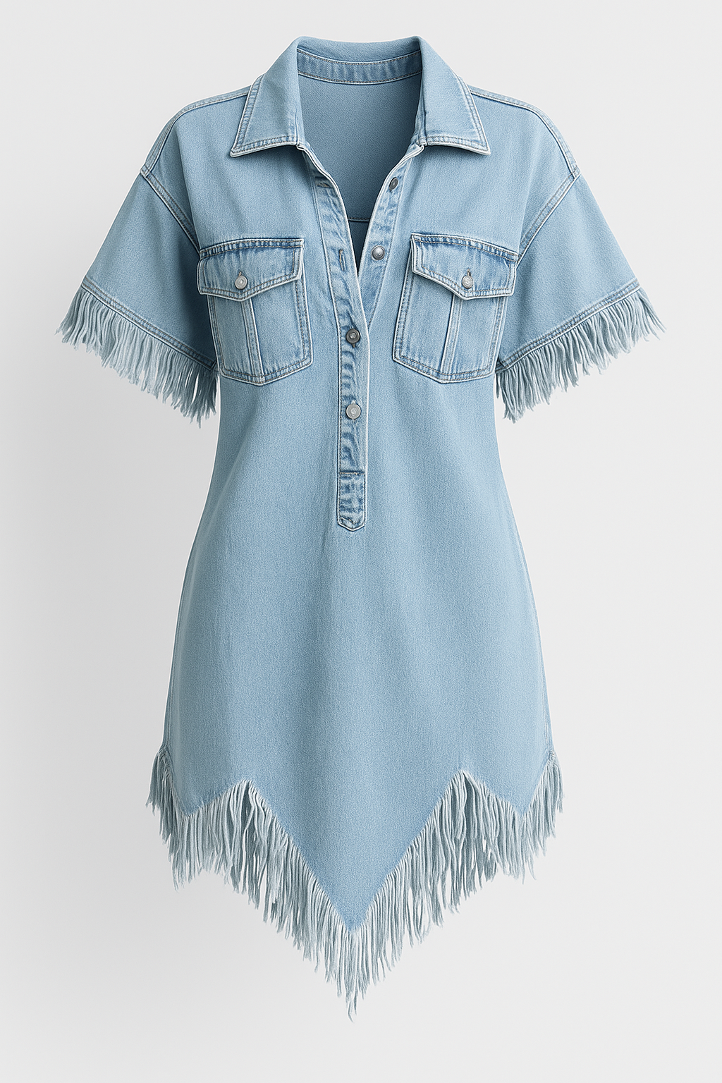 Denim Shirt Dress with Fringe Trim and Chest Pockets