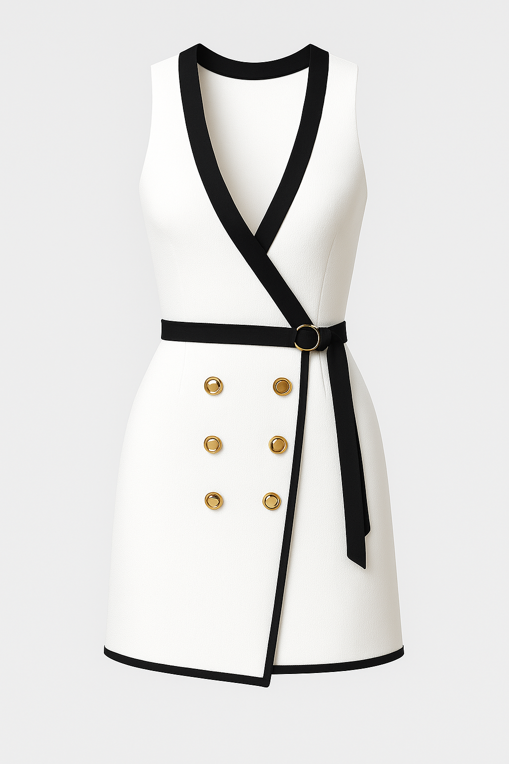 Wrap-Front Mini Dress with Gold-Tone Button Detail