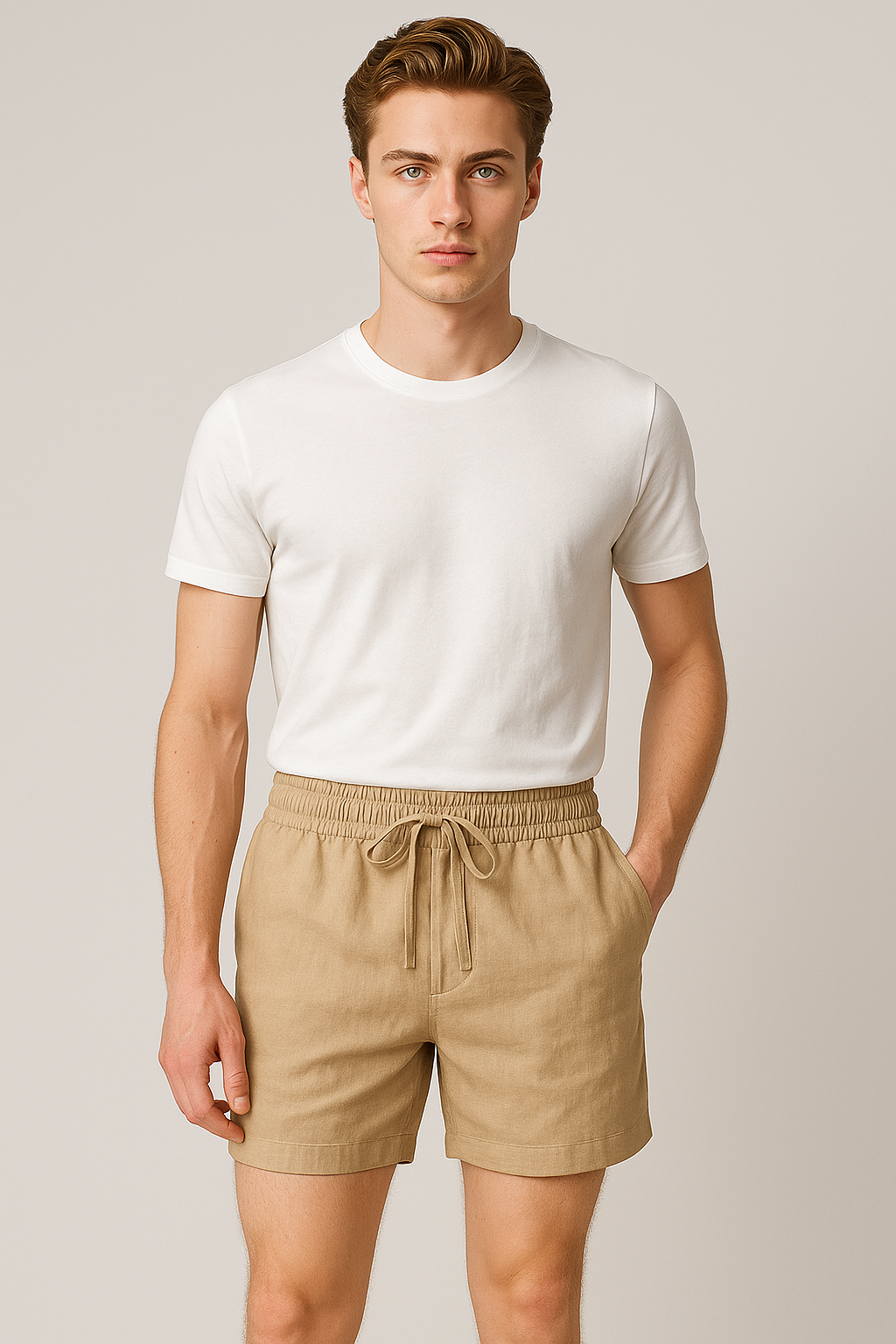 Linen-Cotton Blend Shorts with Elastic Drawstring Waist