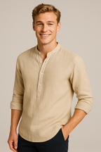 Camisa de lino para hombre con cuello abierto y mangas remangadas