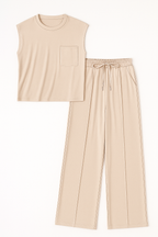 Conjunto de pantalones de pierna ancha y blusa de hombro caído