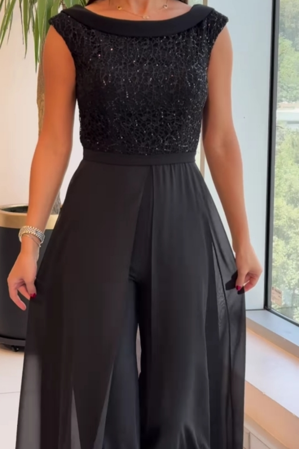 Sequin Bodice Jumpsuit with Chiffon Overlay