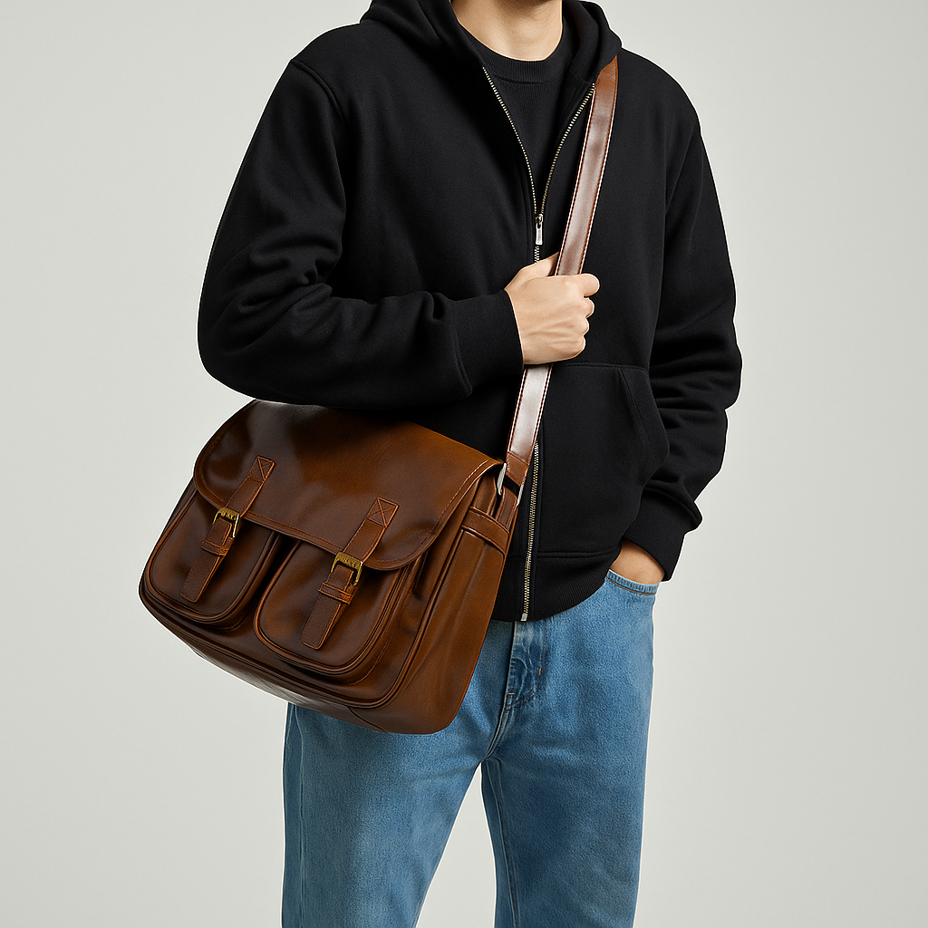 Vintage-Style Faux Leather Messenger Bag with Laptop Space