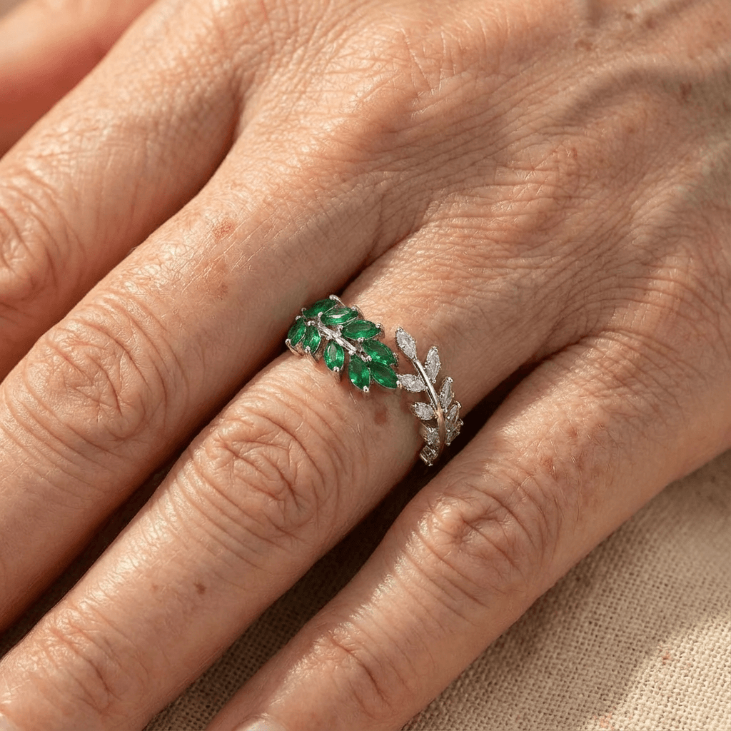 Green Enamel Leaf and Vine Wrap Ring in Gold Colour