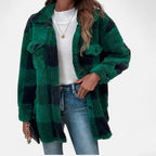 Checked Sherpa Jacket with Button Front and Oversized Fit