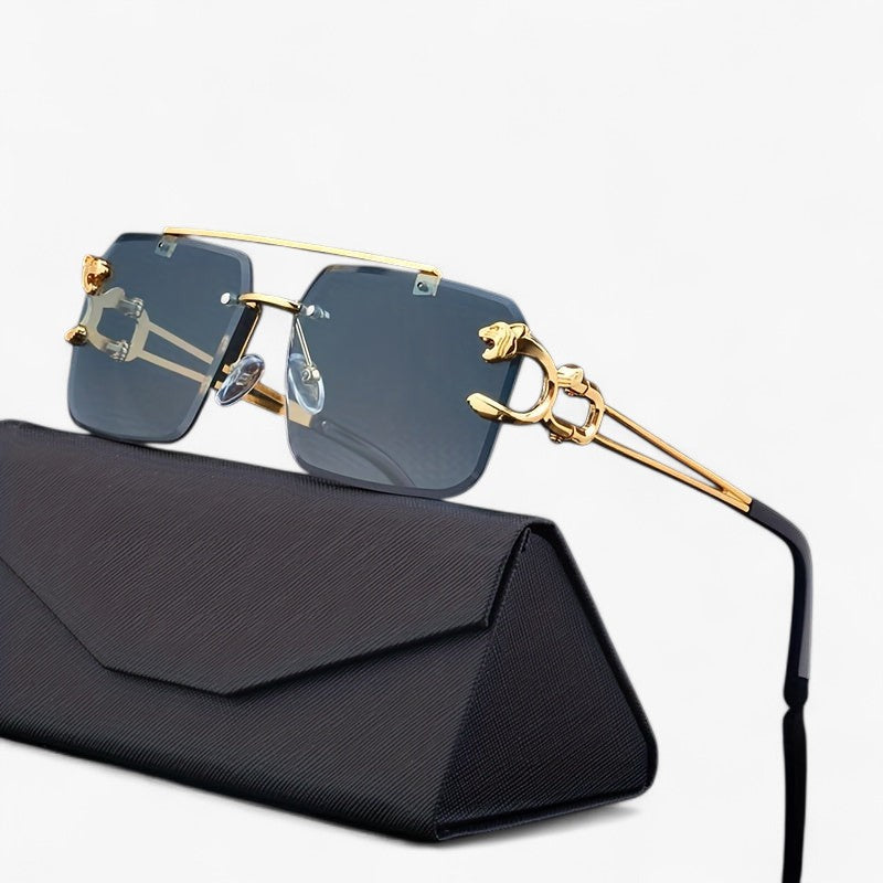 Rimless Square Sunglasses with a Gold-Tone Tiger Head Detail