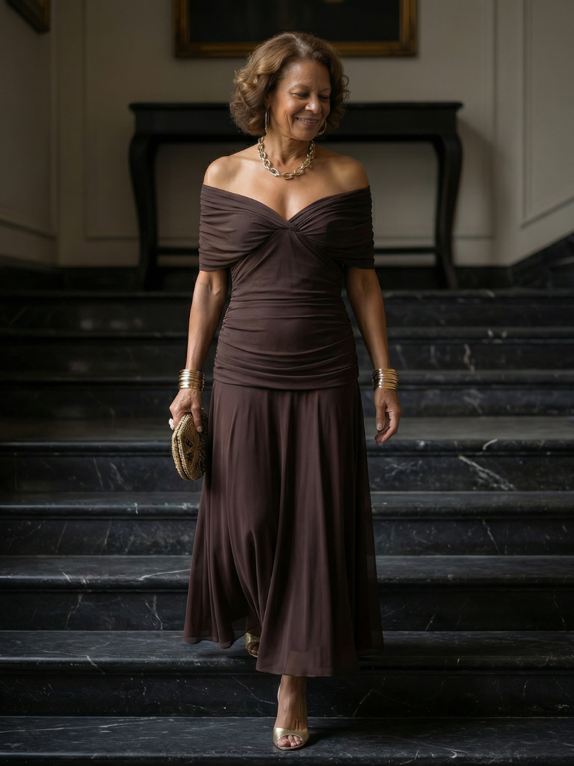 Off Shoulder Midi Dress with Draped Neckline