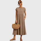 Casual Midi Dress with Short Sleeves and Pockets