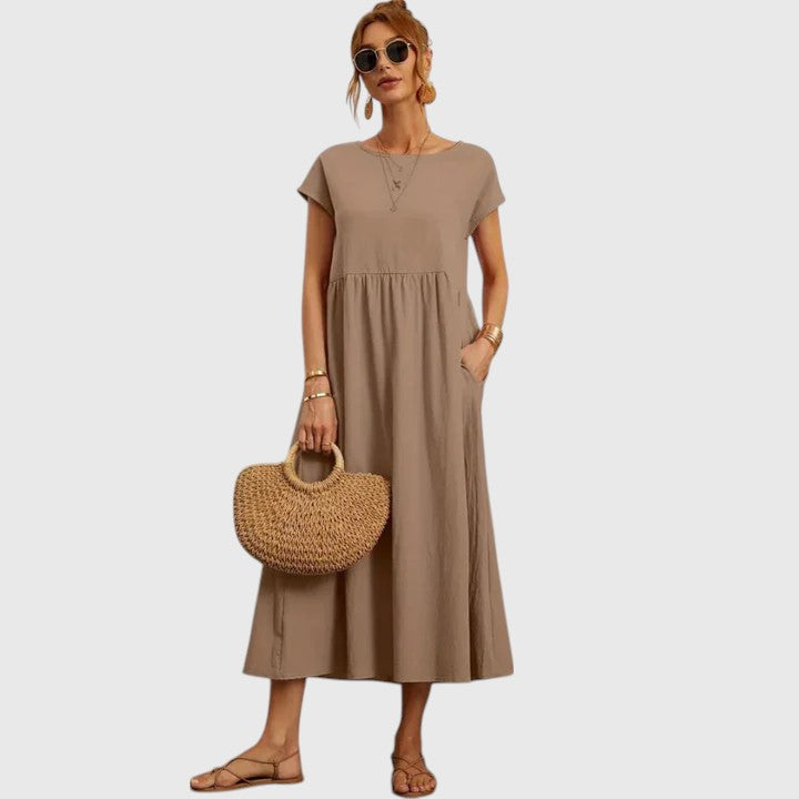 Casual Midi Dress with Short Sleeves and Pockets