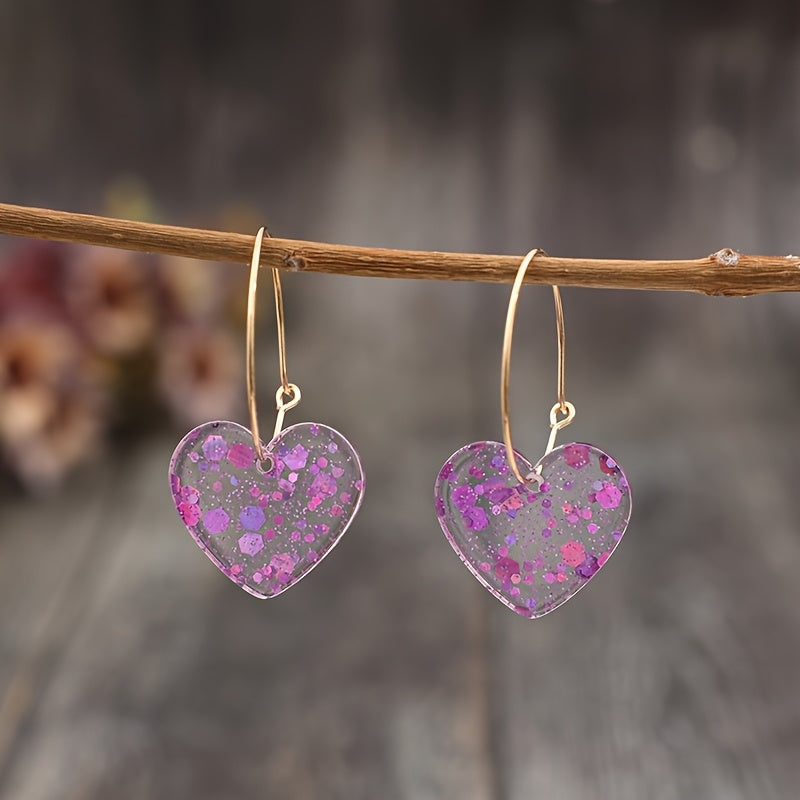 Vintage Resin Glitter Heart Pendant Earrings with Playful Sparkle