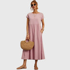 Casual Midi Dress with Short Sleeves and Pockets