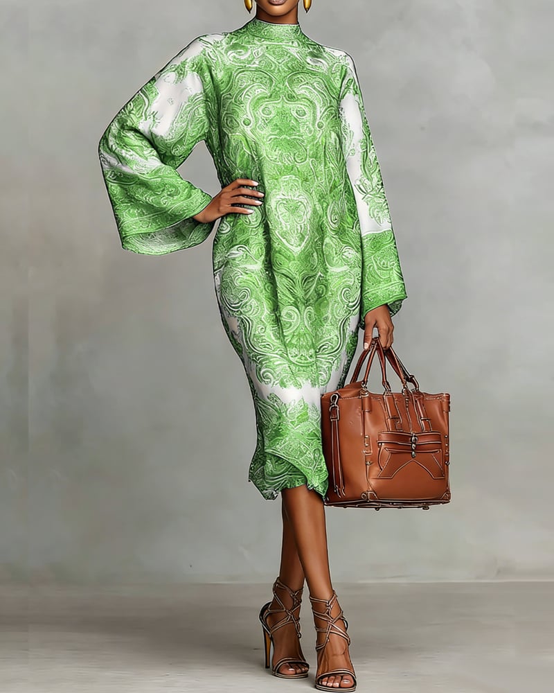 High Neck Printed Dress with Ruched Detail