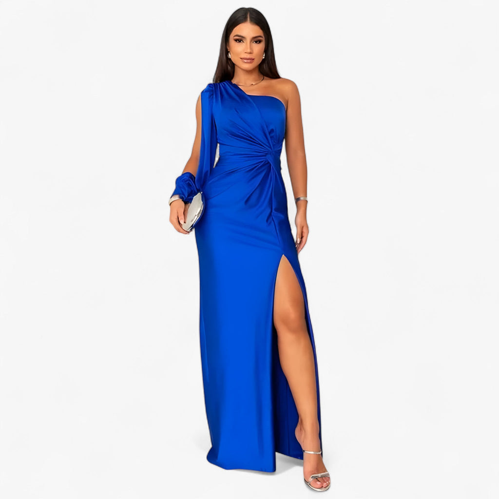 Asymmetric One-Shoulder Satin Dress with Front Knot