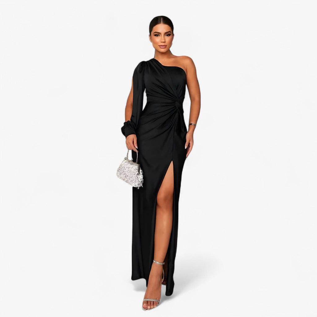 Asymmetric One-Shoulder Satin Dress with Front Knot